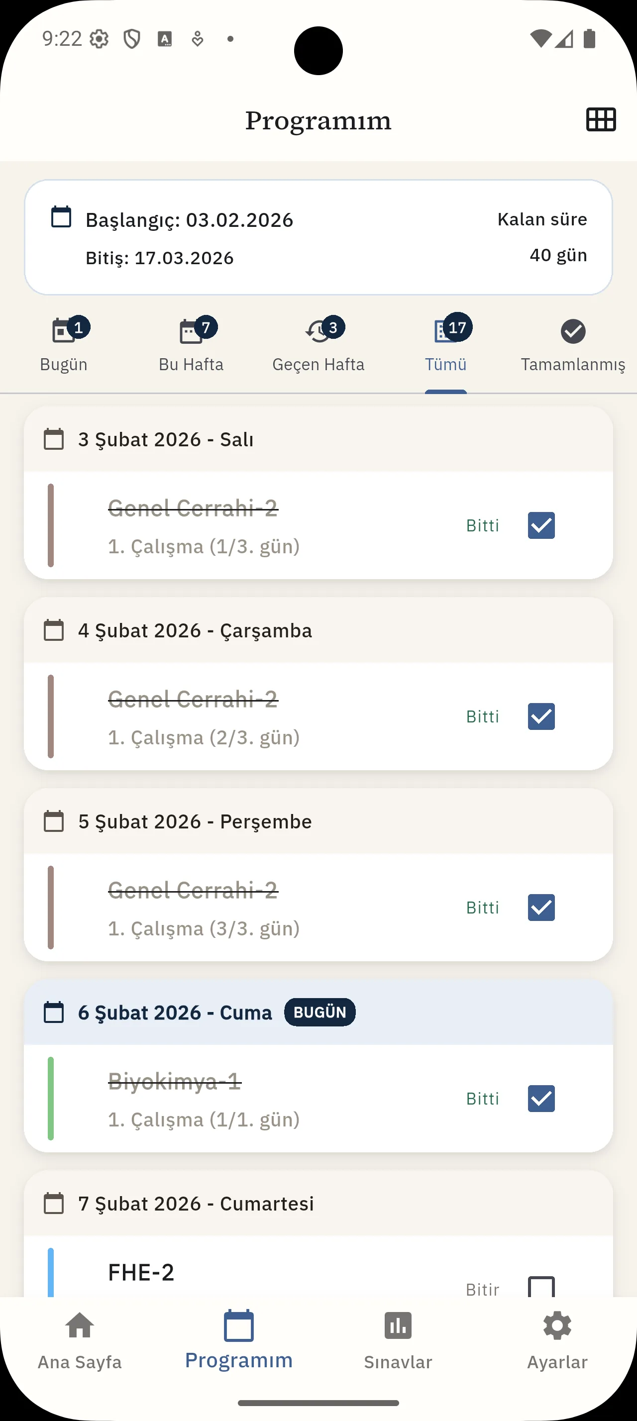 TUSCoach® uygulamasındaki güncel çalışma programı ekranı